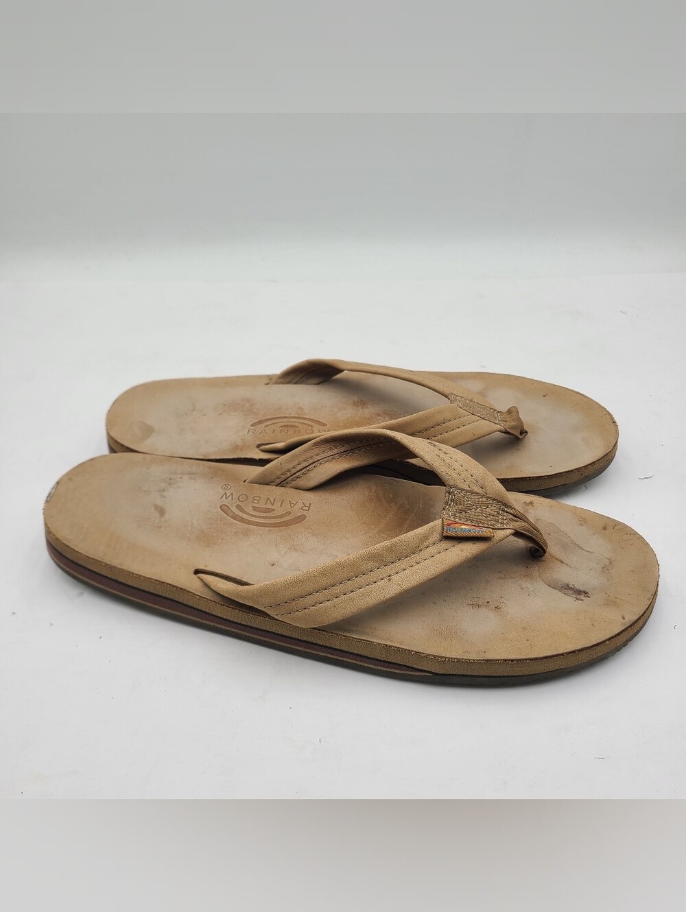 B49 Rainbow Sandals Men’s XLarge 12-13.5 Leather Flip Flops Tan Brown